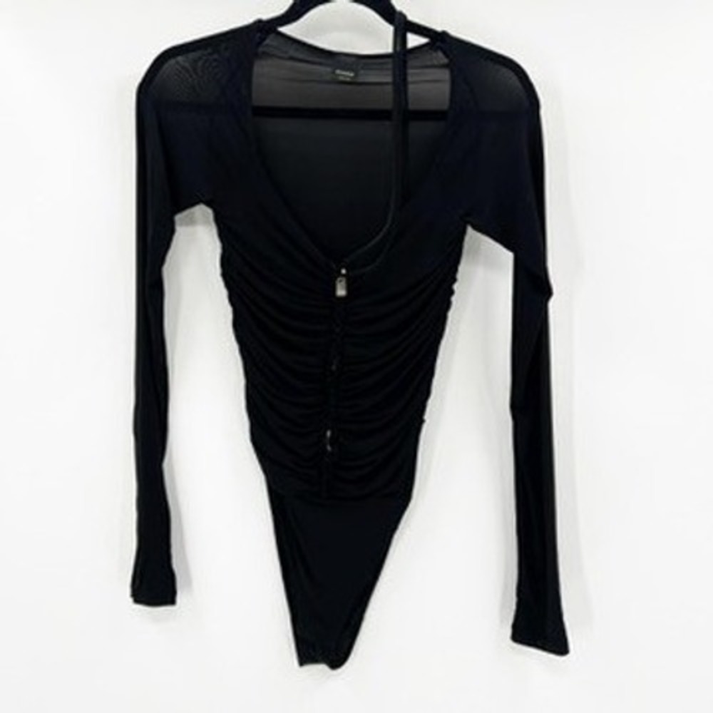 Pinko Birba Body Jersey Crepe Mat Black Ruched V-Neck Mesh Sleeve Bodysuit M